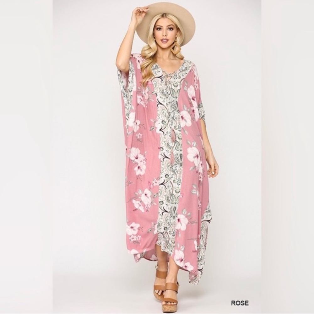 Gigio | Colette Floral Print Lace Up Maxi Dress Mumu Kaftan Paisley Rose Large